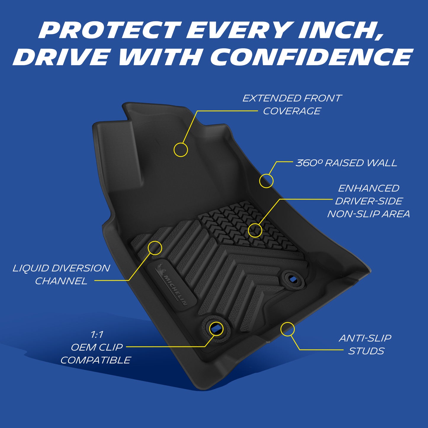 Michelin floor mat features: raised edges, anti-slip, OEM clips, liquid channels.