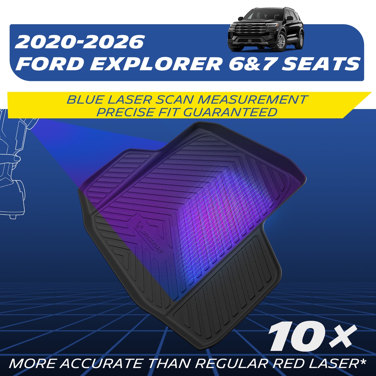 TPE floor mat for 2020-2026 Ford Explorer 6 & 7 seat models, blue laser scanned for precise fit.