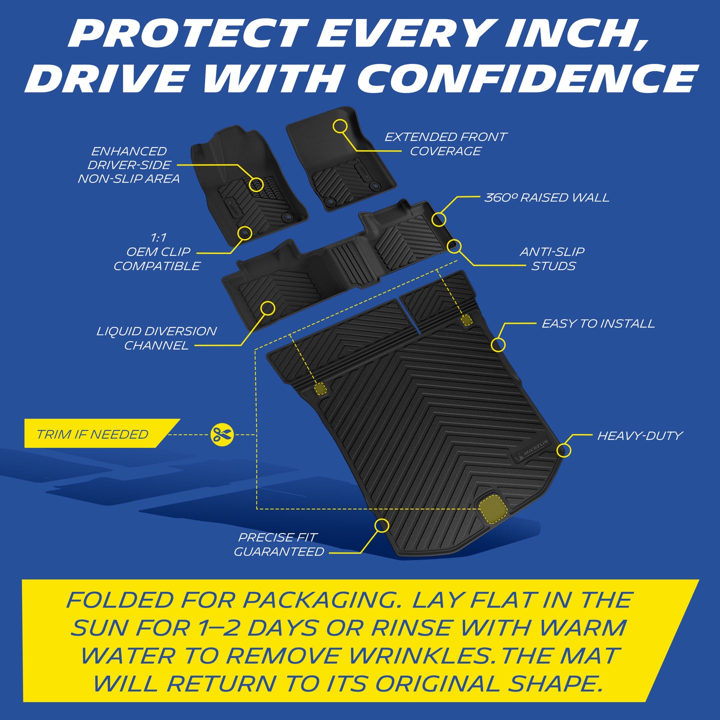 Michelin floor mat features: anti-slip, raised walls, OEM clips, liquid channels, heavy-duty, easy install.