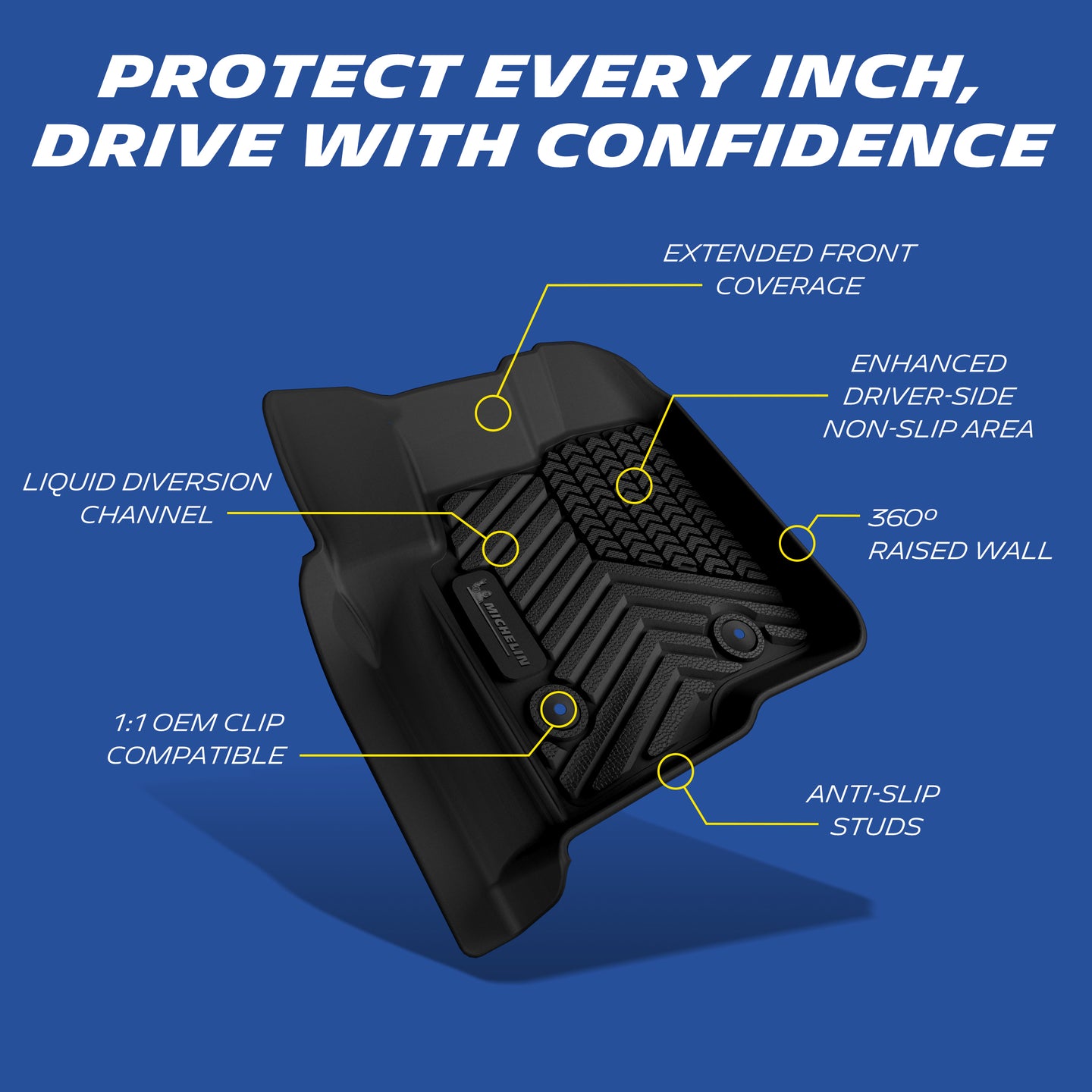 Michelin TPE driver mat, equipped with 360° raised edges, drainage channels and anti-slip design.