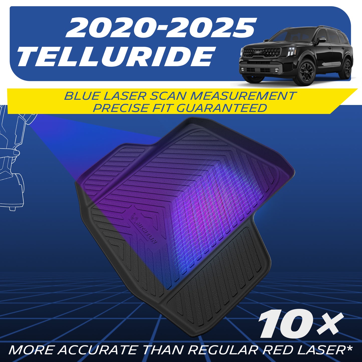 Michelin all-weather TPE trunk mat, fits 2020-2025 Kia Telluride, blue laser scan measurement for precise fit, 10x more accurate than standard red laser, custom-fit guaranteed.