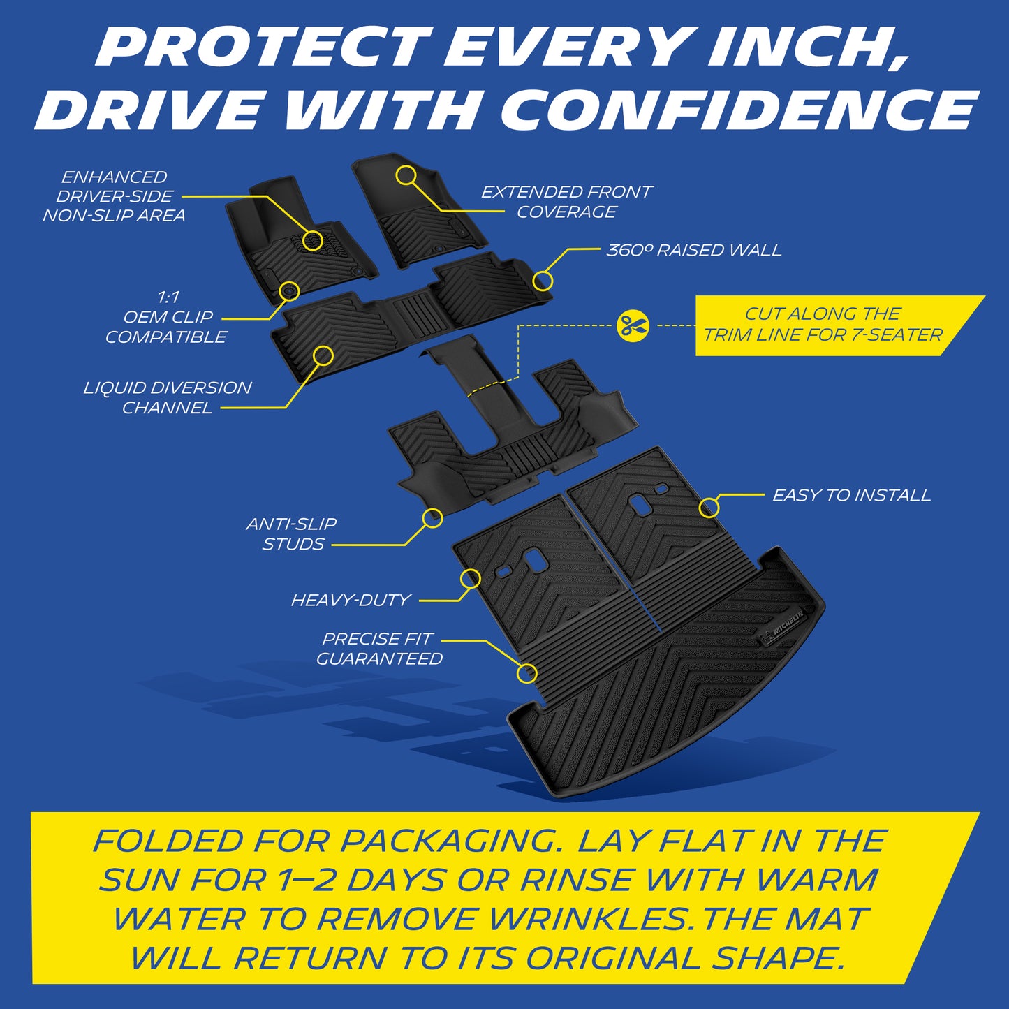 Michelin all-weather TPE floor mats, enhanced driver-side non-slip area, extended front coverage, 360° raised wall, 1:1 OEM clip compatible with anti-slip studs, liquid diversion channel, heavy-duty with precise fit guaranteed. Folded for packaging, lay flat in sun for 1-2 days or rinse with warm water to remove wrinkles, mat will return to original shape.