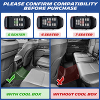 Infographic showing vehicle floor mat compatibility by seating capacity (5-, 6-, and 7-seater) and rear footwell fitment with or without a cool box.