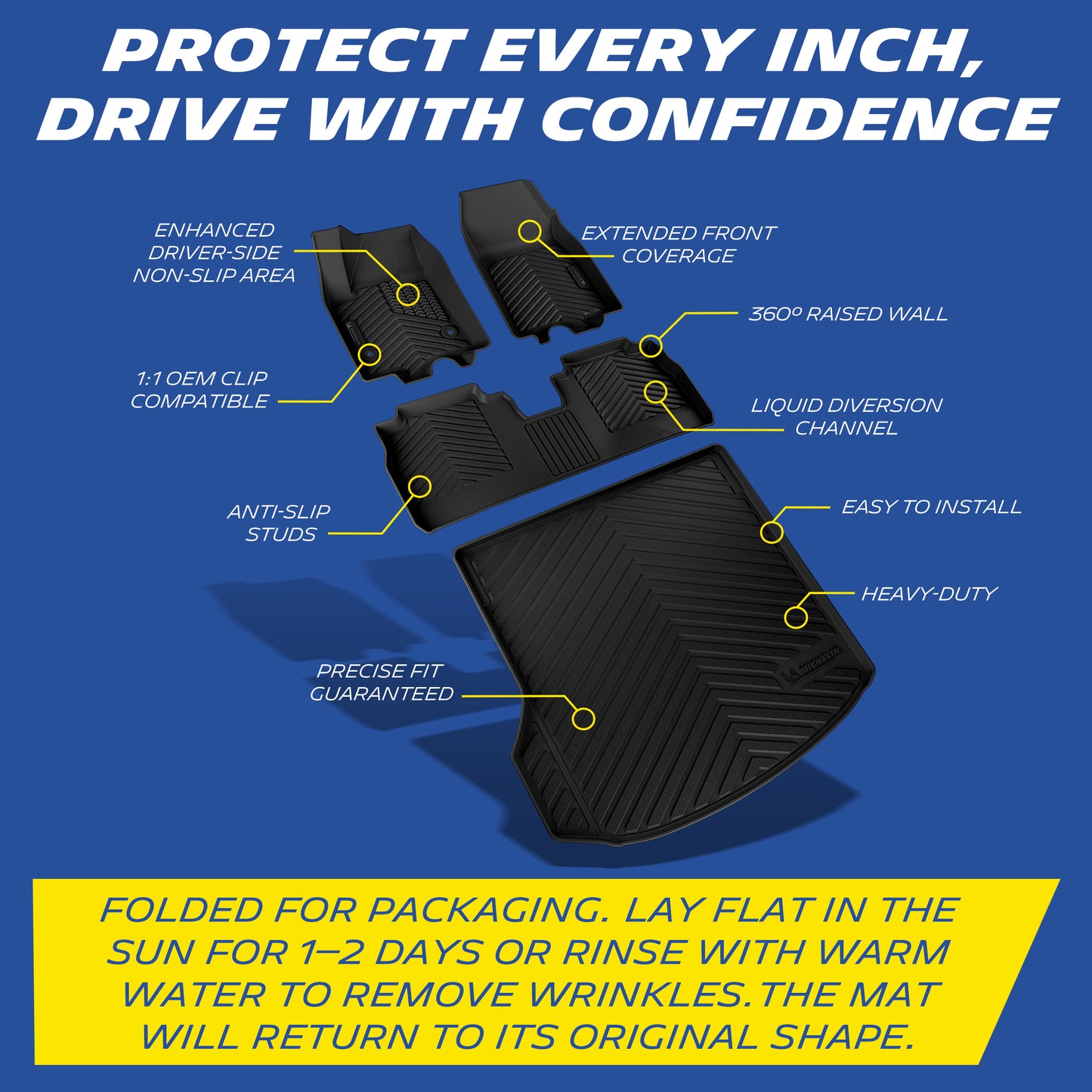 Extended coverage, anti-slip studs, raised wall, OEM clips, drainage channels.
