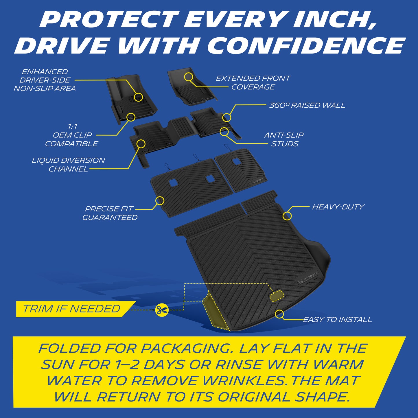 Michelin floor mat features: anti-slip, raised walls, OEM clips, liquid channels, heavy-duty, easy install.