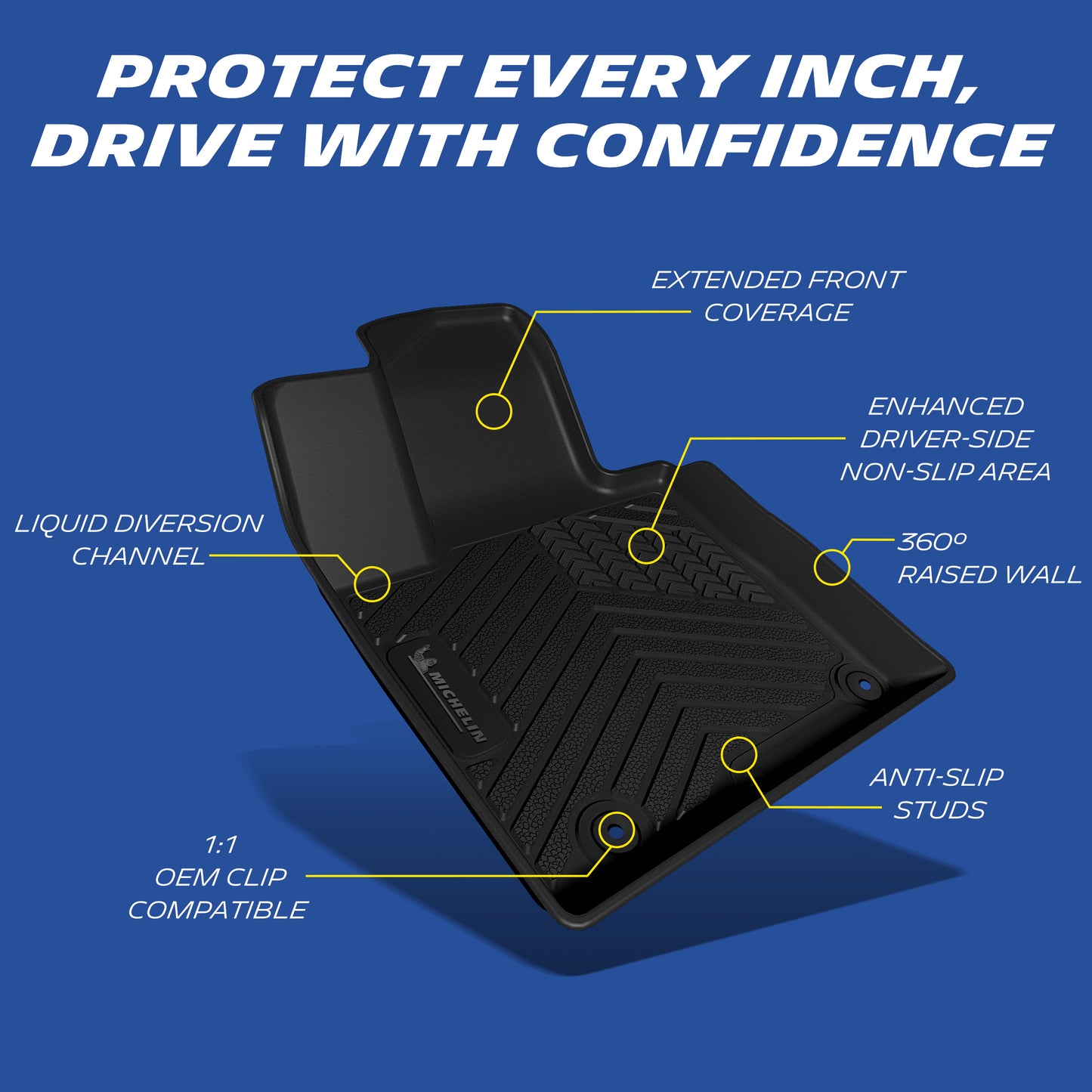 Black custom-fit driver-side all-weather rubber car floor mat showcasing comprehensive protection features: extended front coverage, an enhanced driver-side non-slip area, 360-degree raised walls for spill containment, liquid diversion channels, anti-slip bottom studs, and 1:1 OEM compatible retention clips for a secure, slip-free fit.