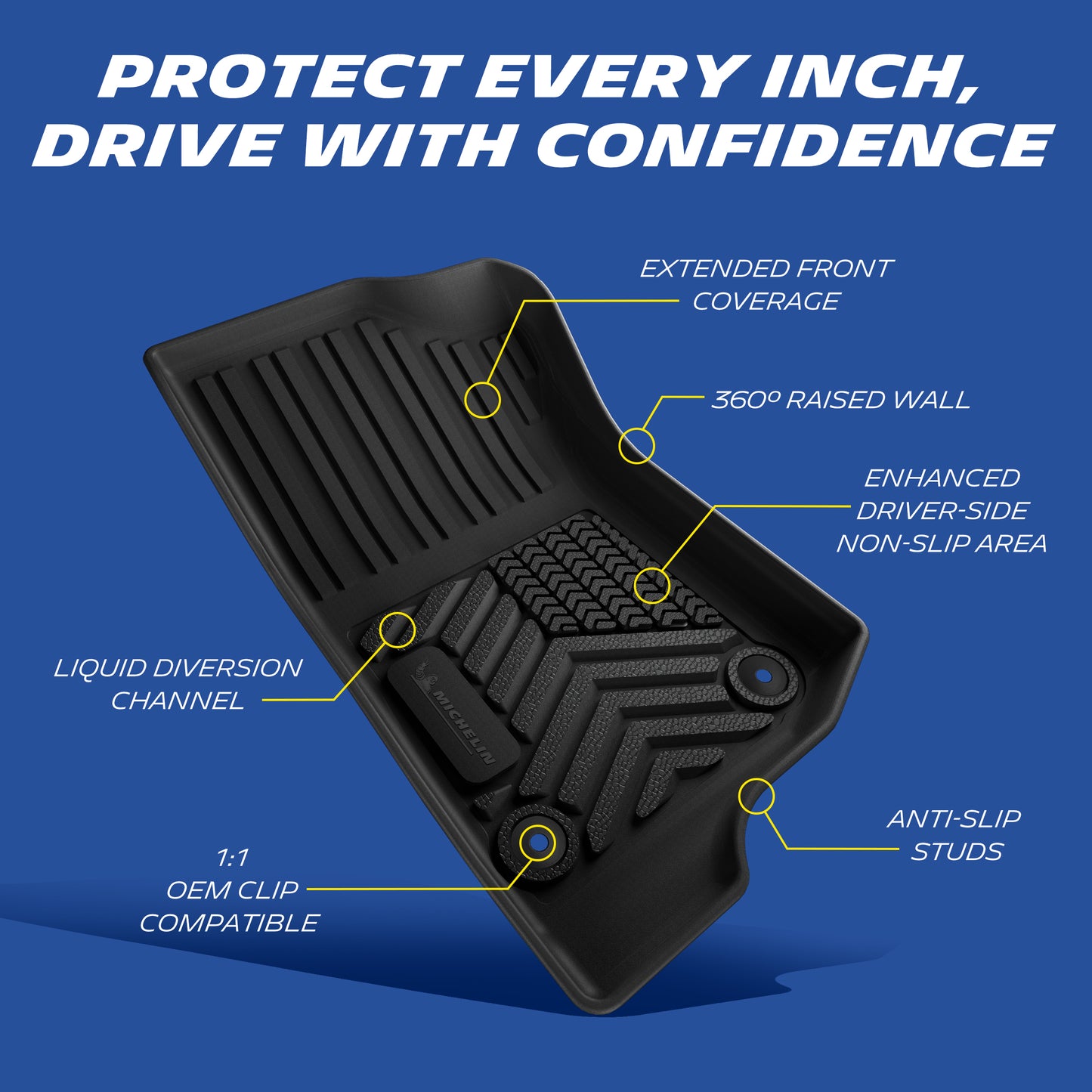 Michelin all-weather TPE floor mats, enhanced driver-side non-slip area, 1:1 OEM clip compatible, liquid diversion channel, precise fit guaranteed, trim if needed, heavy-duty. Folded for packaging, lay flat in sun for 1-2 days or rinse with warm water to remove wrinkles, mat will return to original shape.