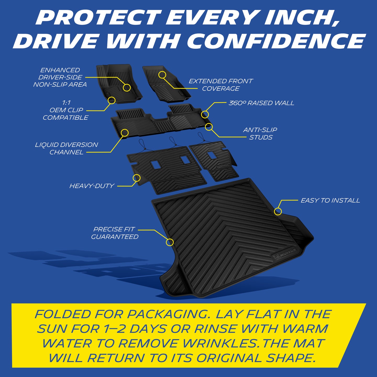 Extended coverage, anti-slip studs, raised wall, OEM clips, drainage channels.
