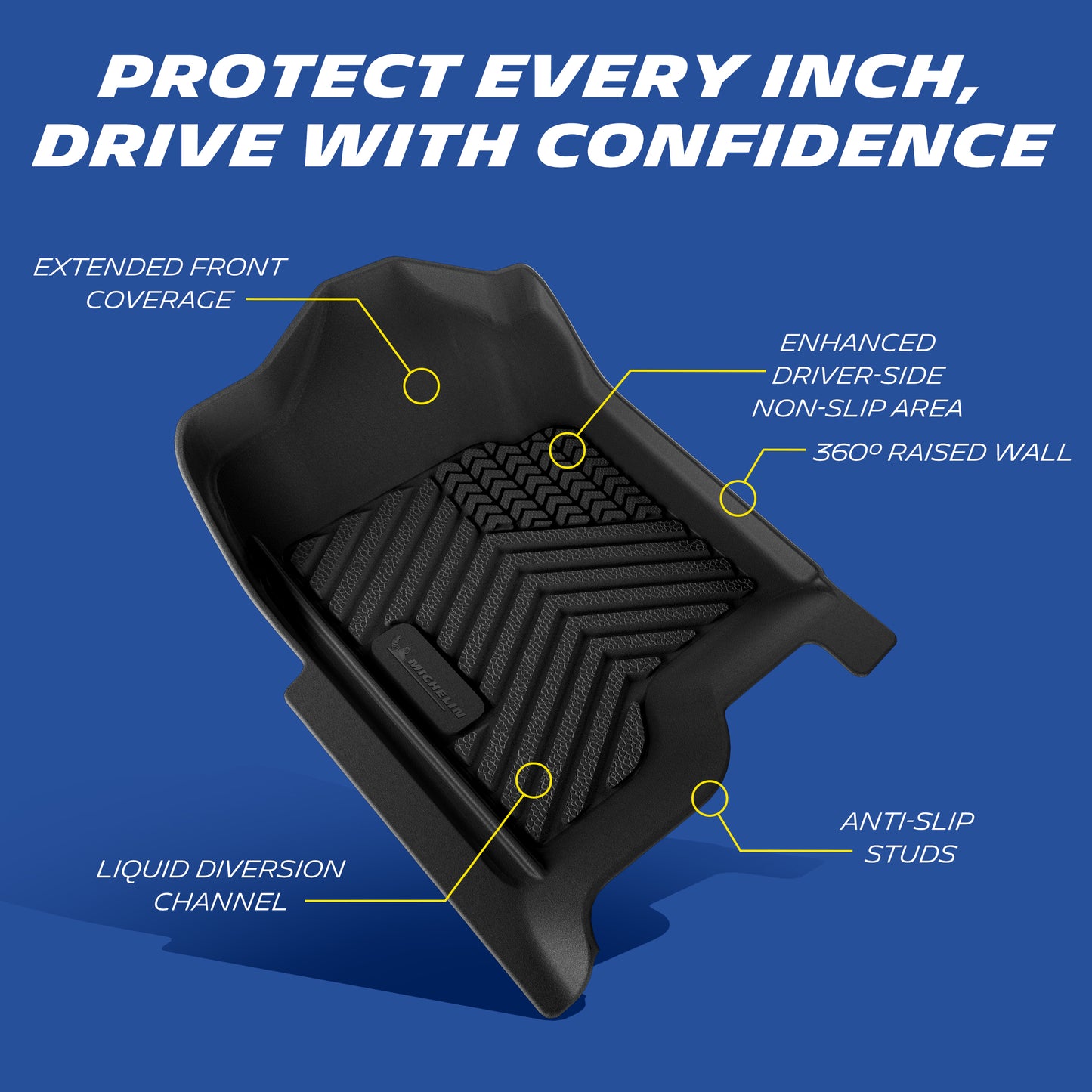 Michelin floor mat features: raised edges, anti-slip, OEM clips, liquid channels.