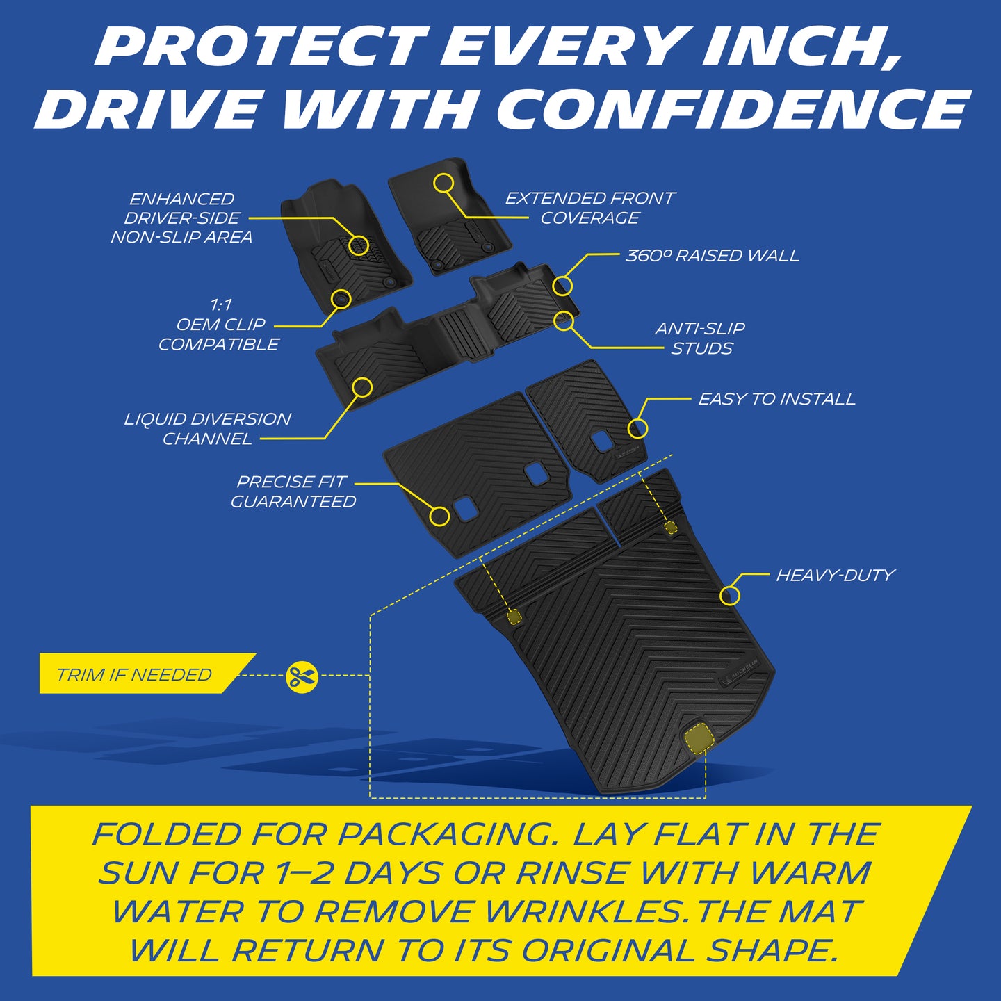 Michelin floor mat features: anti-slip, raised walls, OEM clips, liquid channels, heavy-duty, easy install.