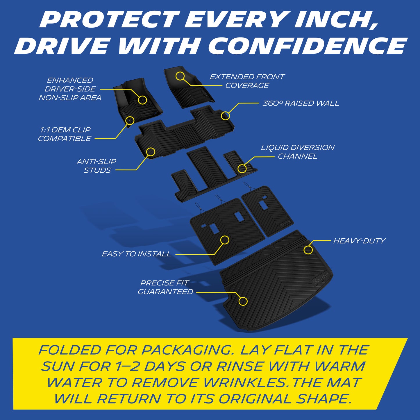 Comprehensive protection diagram of the custom-fit MICHELIN TPE 3-row floor and cargo mat set for Chevy Traverse 7-seater. Highlights 360-degree raised walls, liquid diversion channels, and OEM clips. Includes instructions to easily remove folding wrinkles by laying the mats flat in the sun or rinsing with warm water.