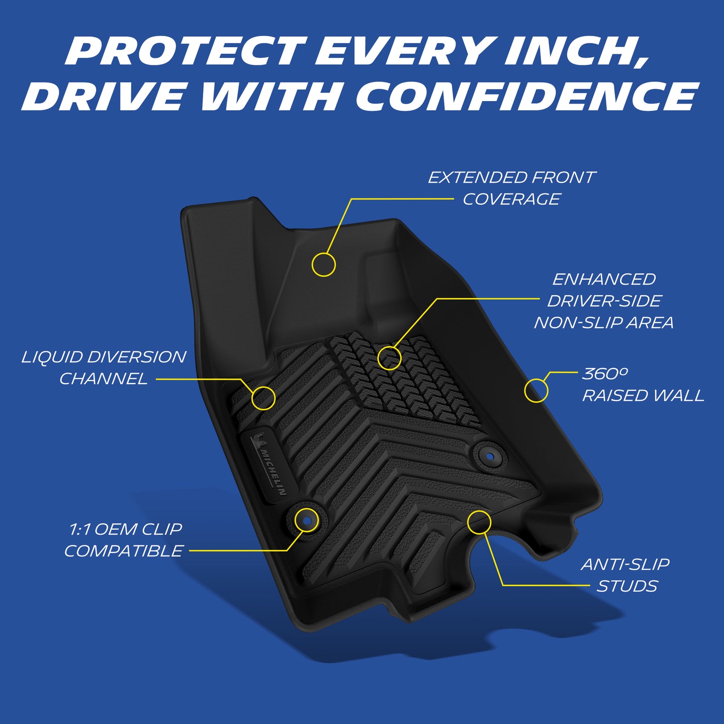 Extended coverage, anti-slip studs, raised wall, OEM clips, drainage channels.