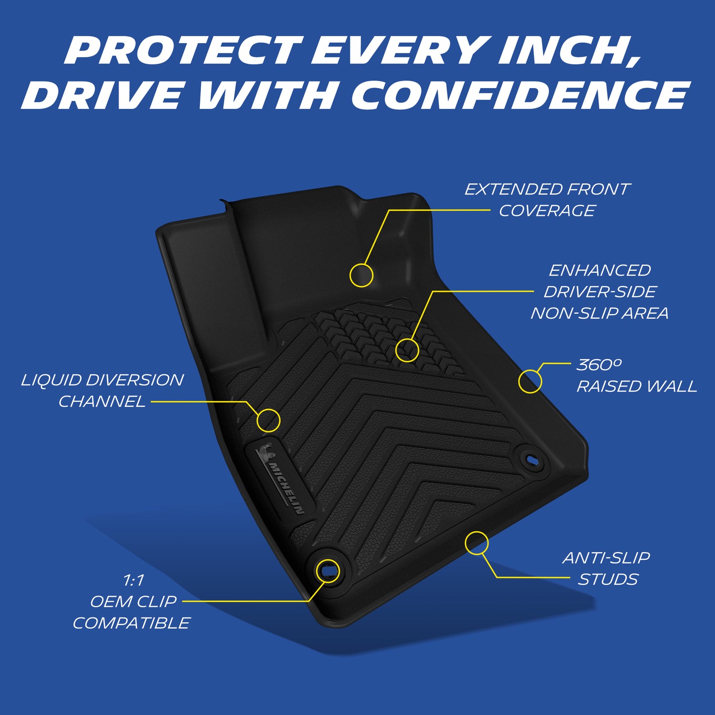 Michelin floor mat features: raised edges, anti-slip, OEM clips, liquid channels.