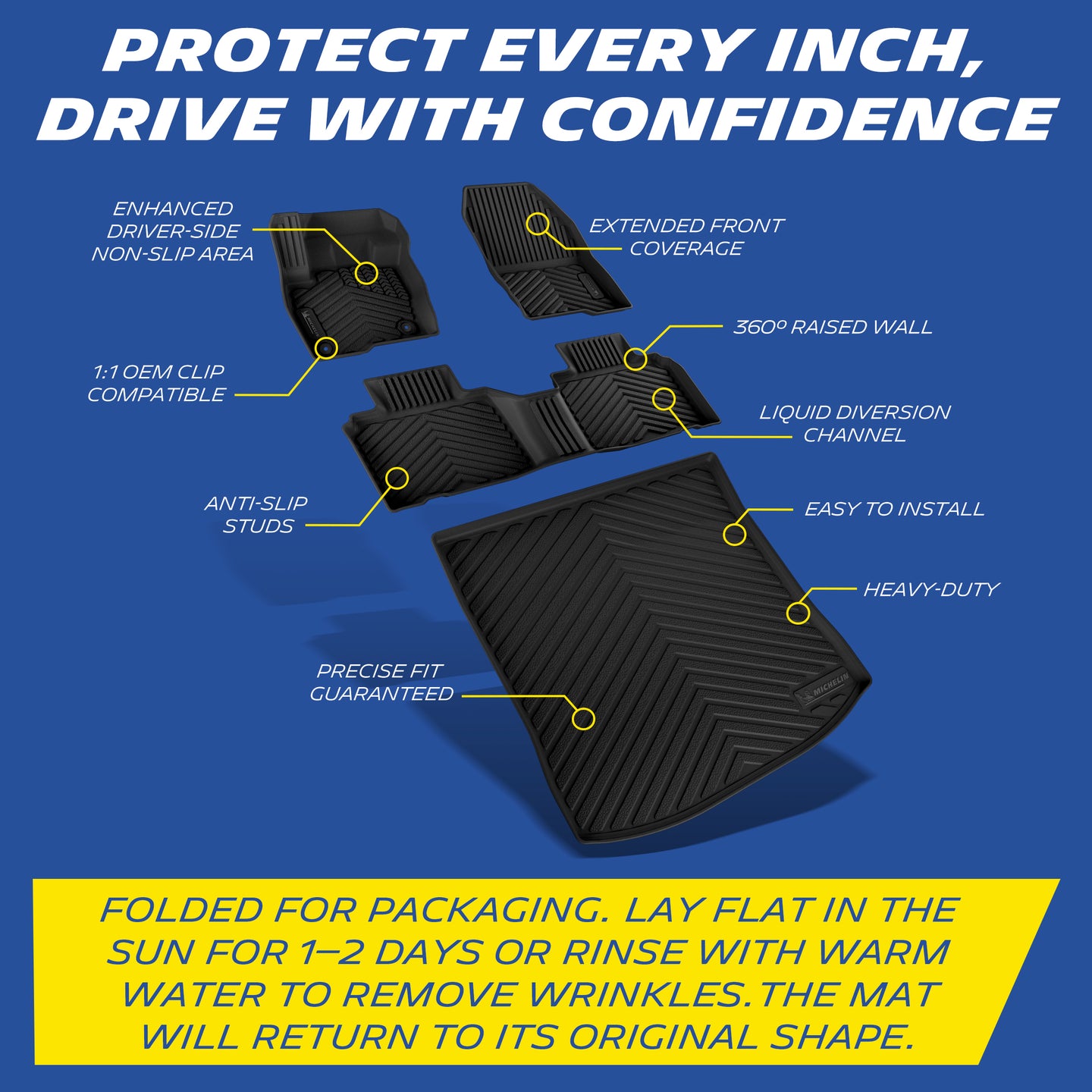 Michelin floor mat features: anti-slip, raised walls, OEM clips, liquid channels, heavy-duty, easy install.
