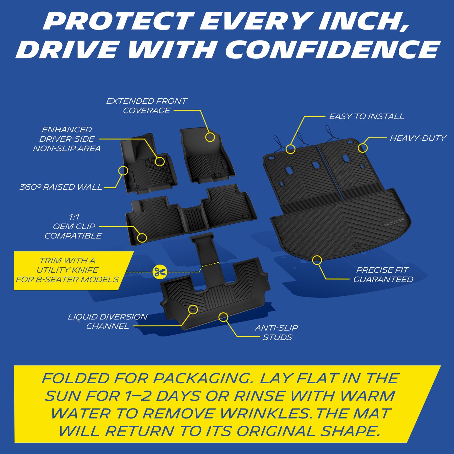 Michelin all-weather TPE floor mats, extended front coverage, enhanced driver-side non-slip area, 360° raised wall, liquid diversion channel, anti-slip studs, 1:1 OEM clip compatible, heavy-duty and easy to install, trim with utility knife for 8-seater models, precise fit guaranteed. Folded for packaging, lay flat in sun for 1-2 days or rinse with warm water to remove wrinkles, mat will return to original shape.