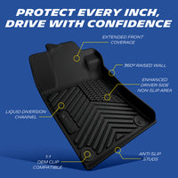 Michelin all-weather TPE floor mats, extended front coverage, 360° raised wall prevents overflow, enhanced driver-side non-slip area, liquid diversion channel, anti-slip studs, 1:1 OEM clip compatible for secure fit.