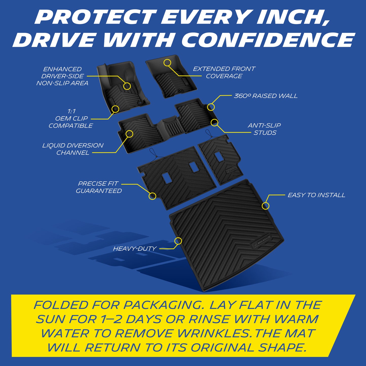 Michelin floor mat features: anti-slip, raised walls, OEM clips, liquid channels, heavy-duty, easy install.