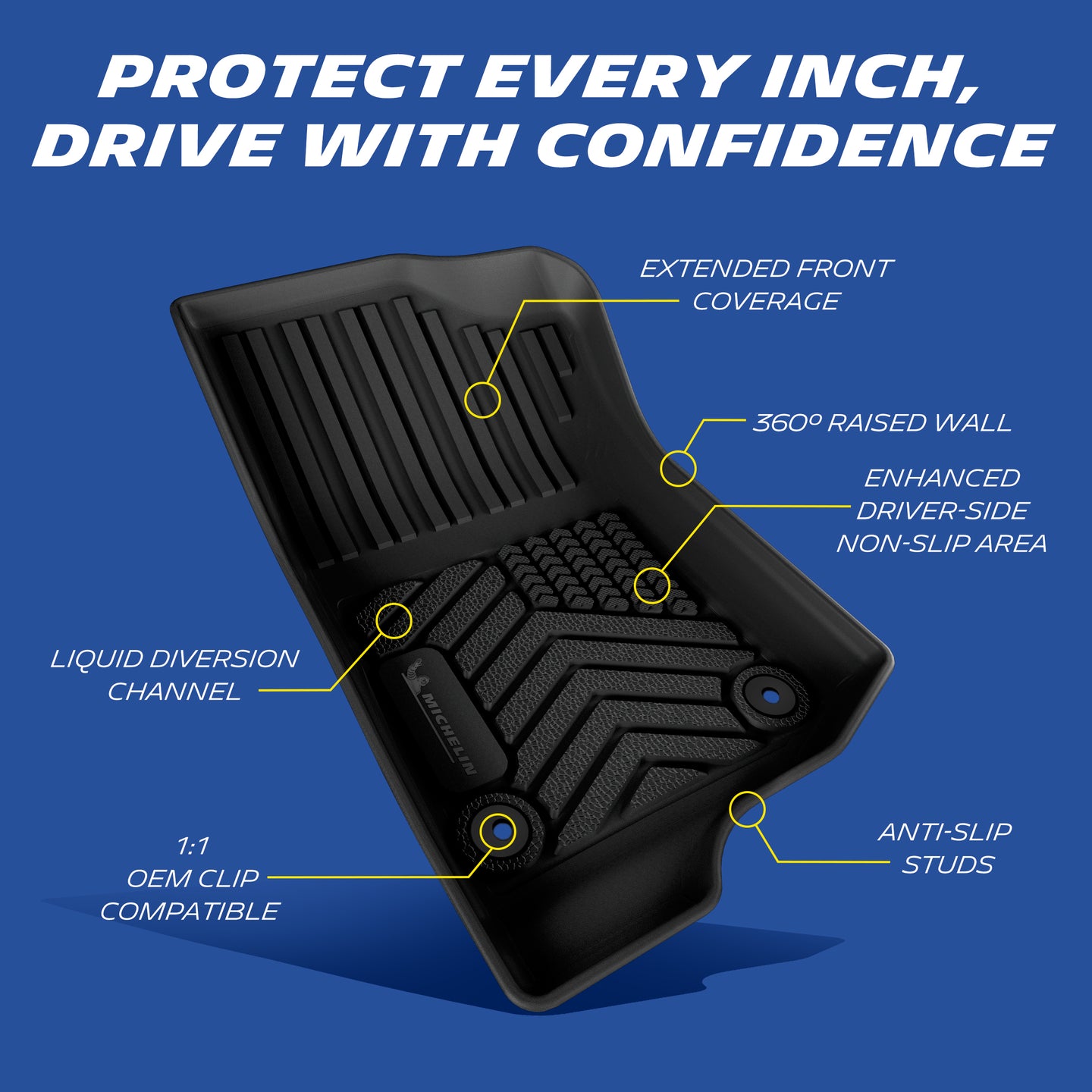 Michelin all-weather TPE floor mats, extended front coverage, 360° raised wall prevents overflow, enhanced driver-side non-slip area, liquid diversion channel, 1:1 OEM clip and anti-slip studs compatible for secure fit.