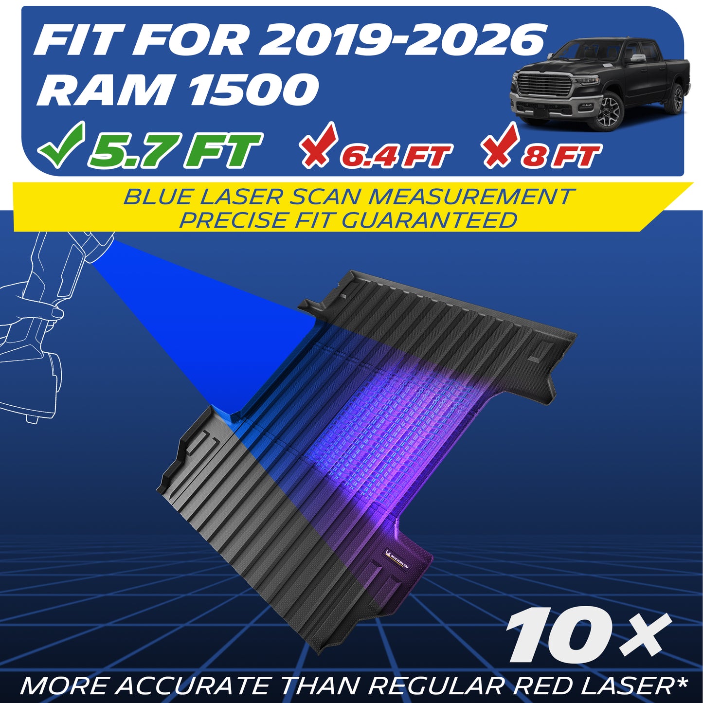 Michelin all-weather TPE truck bed mat, fits 2019-2026 RAM 1500, available for 5.7ft bed lengths, blue laser scan measurement for precise fit, 10x more accurate than standard red laser, custom-fit guaranteed.