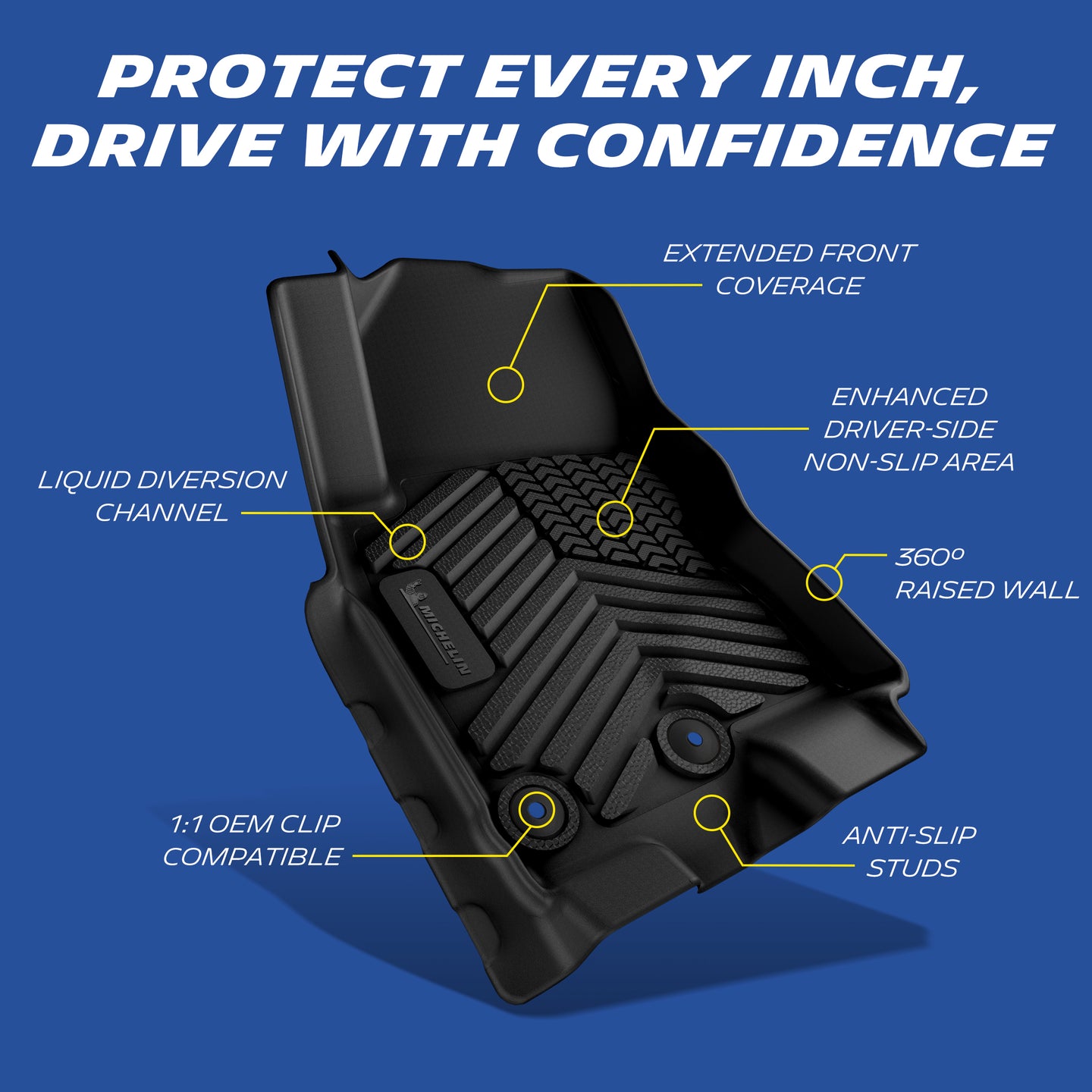 Michelin all-weather TPE floor mats, extended front coverage, enhanced driver-side non-slip area, liquid diversion channel, 360° raised wall, 1:1 OEM clip and anti-slip studs compatible for secure fit.