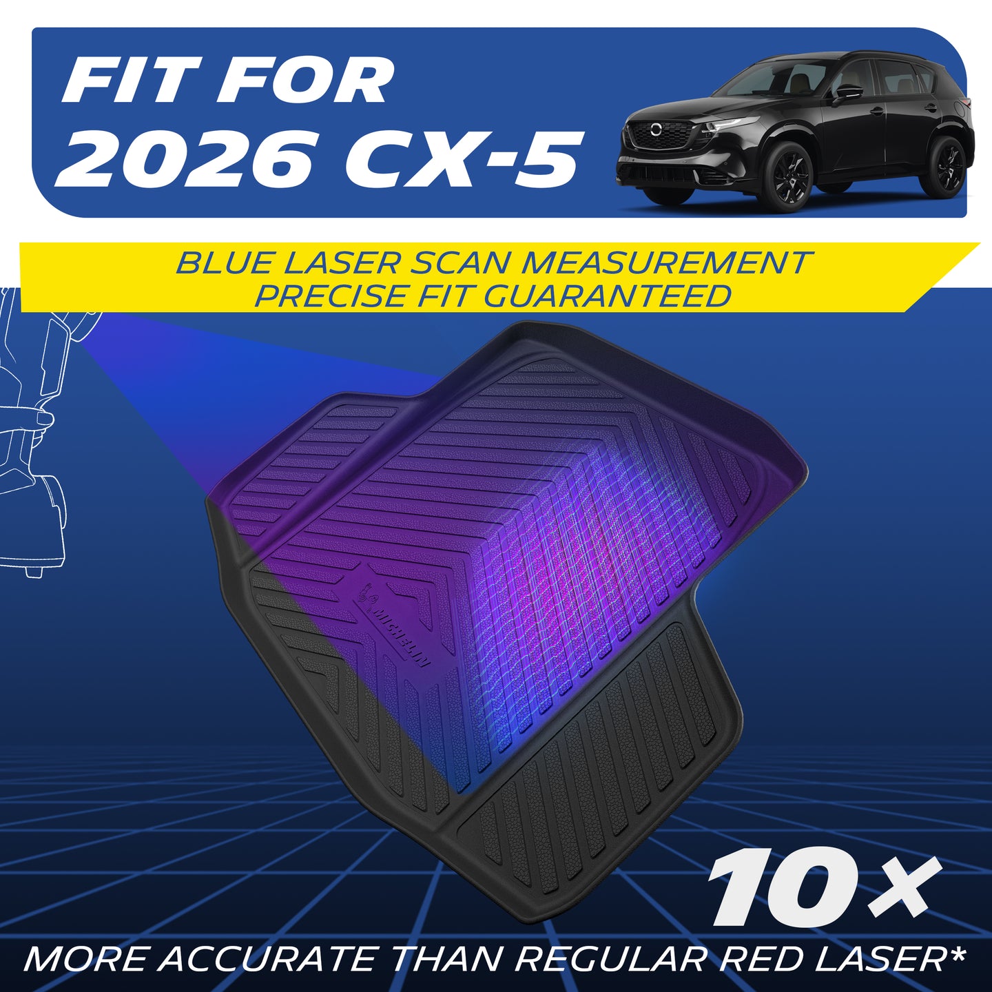 Michelin all-weather TPE trunk mat, fits 2026 Mazda CX-5, blue laser scan measurement for precise fit, 10x more accurate than standard red laser, custom-fit guaranteed.