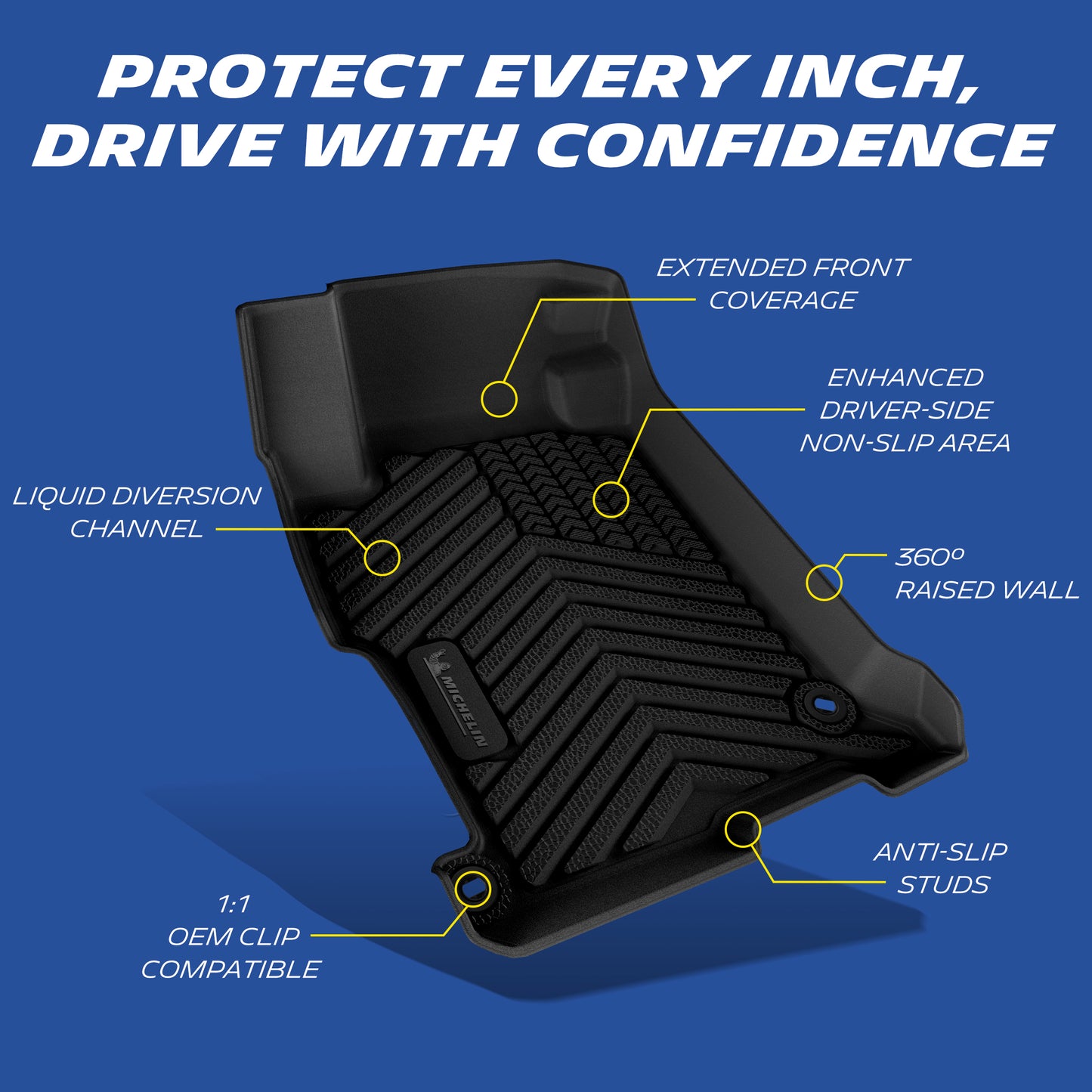 Michelin floor mat features: raised edges, anti-slip, OEM clips, liquid channels.