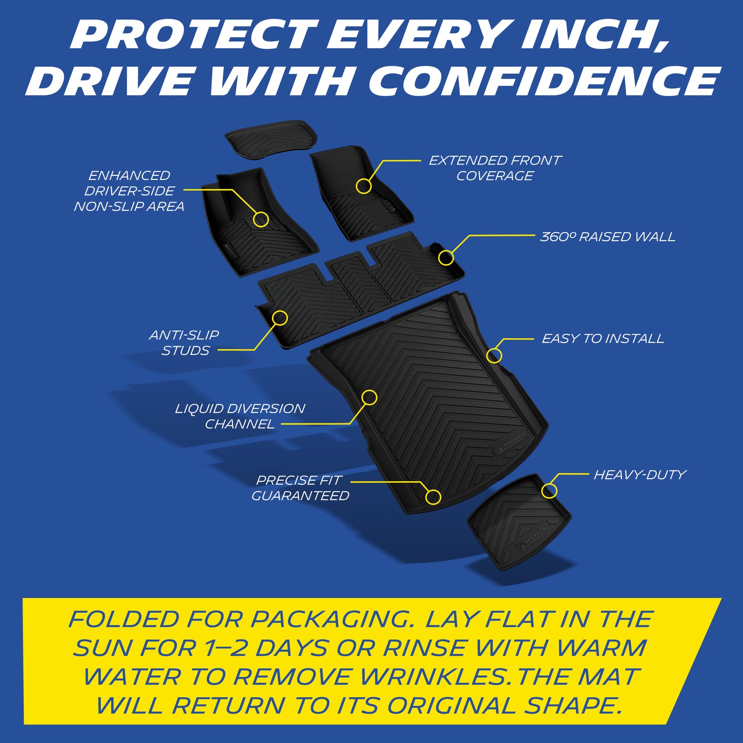 Custom-fit black TPE car floor mat exclusively designed for the 2024-2027 Tesla Model 3. Engineered using advanced blue laser scan measurement technology, offering 10x more accuracy than standard red lasers for a guaranteed precise edge-to-edge fit.