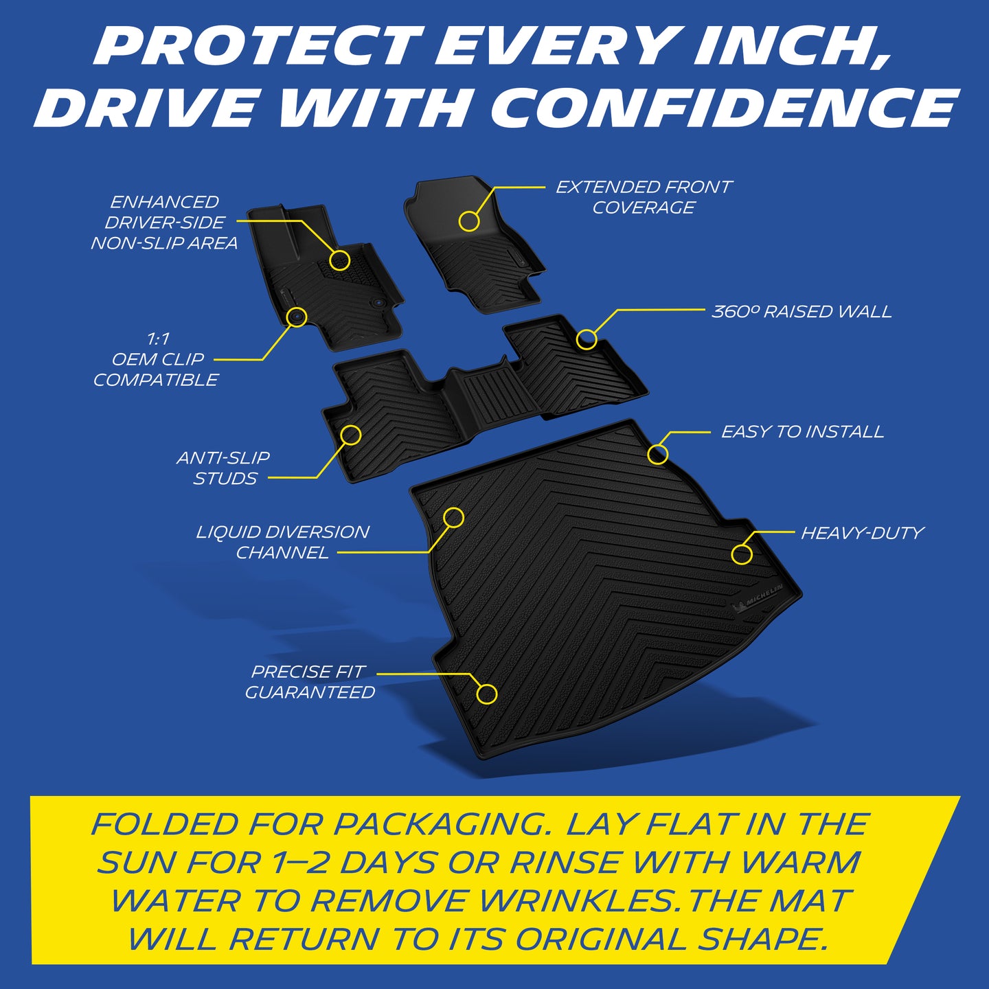 Michelin floor mats diagram showing features: enhanced driver-side non-slip area, 360 raised wall, OEM clip compatible, anti-slip studs, liquid diversion channel, precise fit