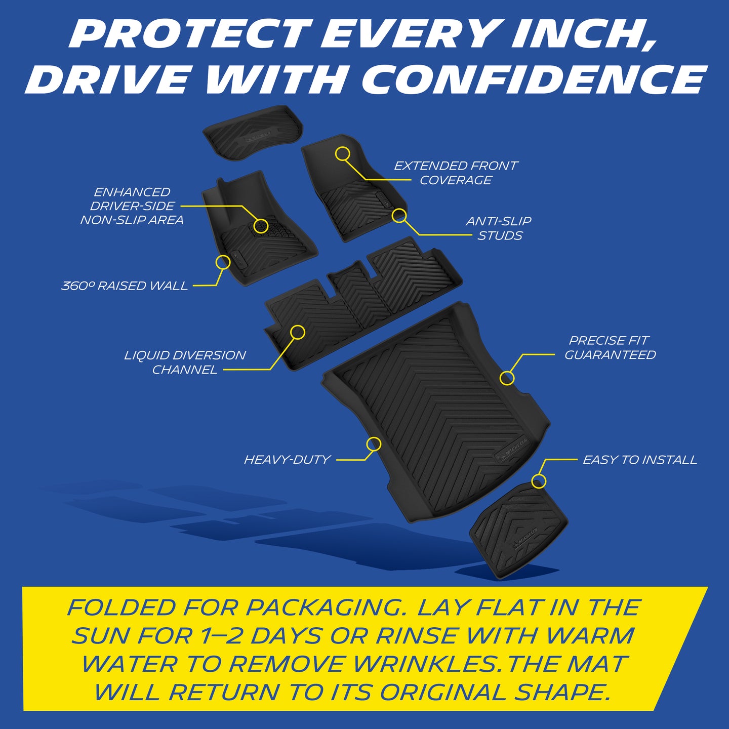 Michelin all-weather TPE floor mats, enhanced driver-side non-slip area, 360° raised wall, liquid diversion channel, heavy-duty and easy to install with precise fit guaranteed. Folded for packaging, lay flat in sun for 1-2 days or rinse with warm water to remove wrinkles, mat will return to original shape.