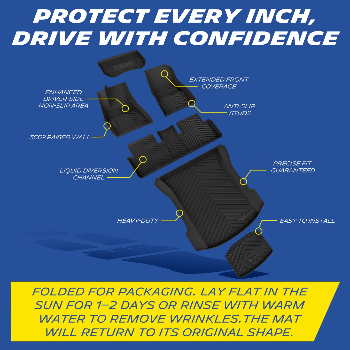 Michelin all-weather TPE floor mats, enhanced driver-side non-slip area, 360° raised wall, liquid diversion channel, heavy-duty and easy to install with precise fit guaranteed. Folded for packaging, lay flat in sun for 1-2 days or rinse with warm water to remove wrinkles, mat will return to original shape.