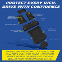 Michelin all-weather TPE floor mats, enhanced driver-side non-slip area, 360° raised wall, liquid diversion channel, heavy-duty and easy to install with precise fit guaranteed. Folded for packaging, lay flat in sun for 1-2 days or rinse with warm water to remove wrinkles, mat will return to original shape.