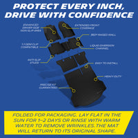 Michelin all-weather TPE floor mats, extended front coverage, anti-slip studs, 1:1 OEM clip compatible, liquid diversion channel, raised wall, precise fit guaranteed, heavy-duty and easy to install, trim to fit models with subwoofer. Folded for packaging, lay flat in sun for 1-2 days or rinse with warm water to remove wrinkles, mat will return to original shape.
