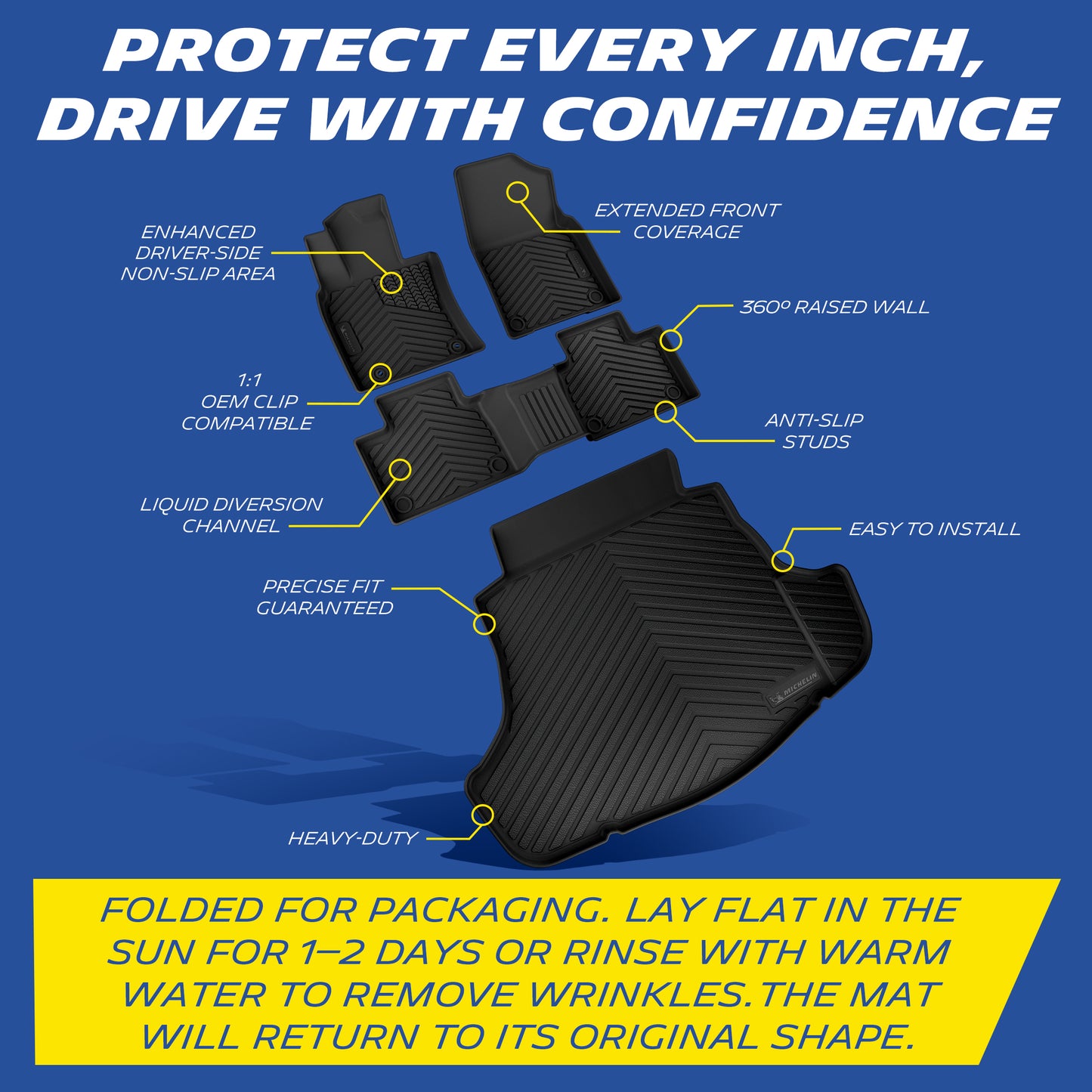 Full set Michelin TPE car floor mats & cargo mat with detailed feature guide and wrinkle removal tips
