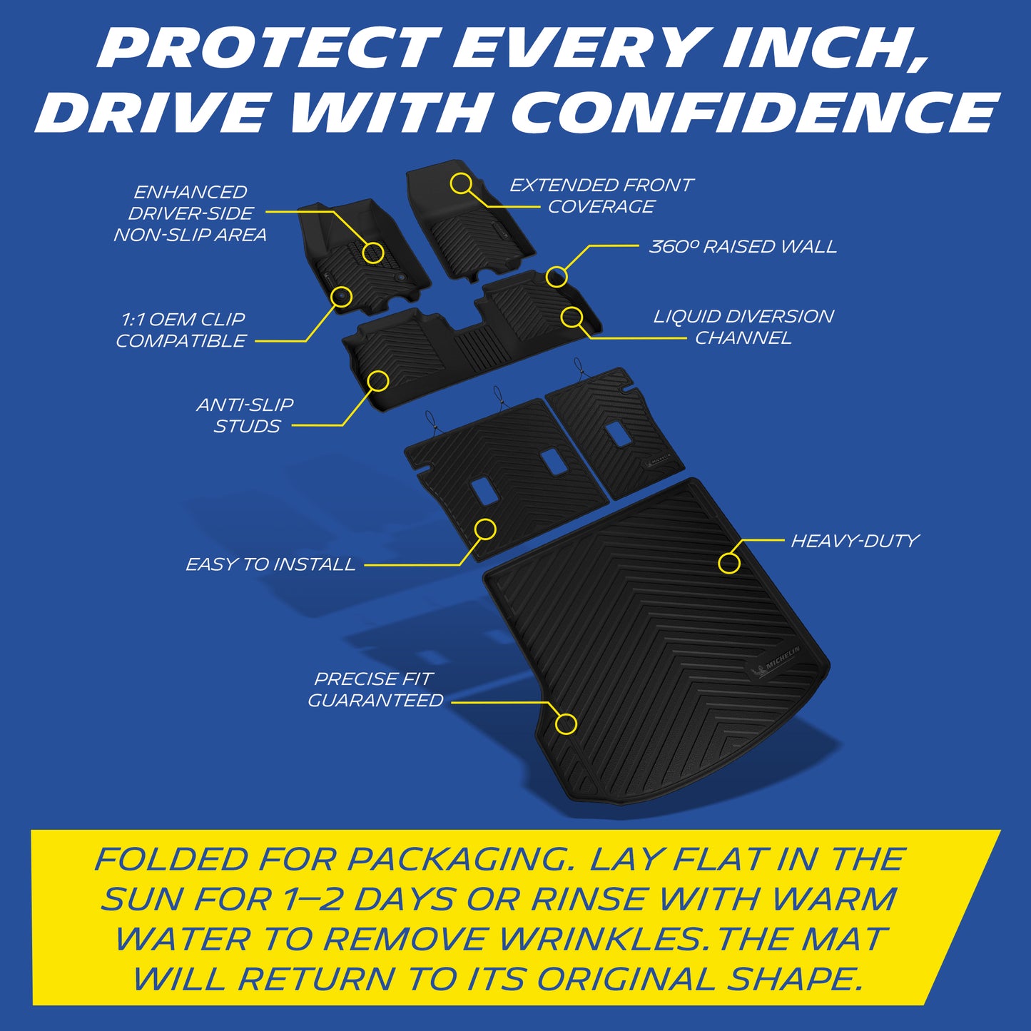 Extended coverage, anti-slip studs, raised wall, OEM clips, drainage channels.