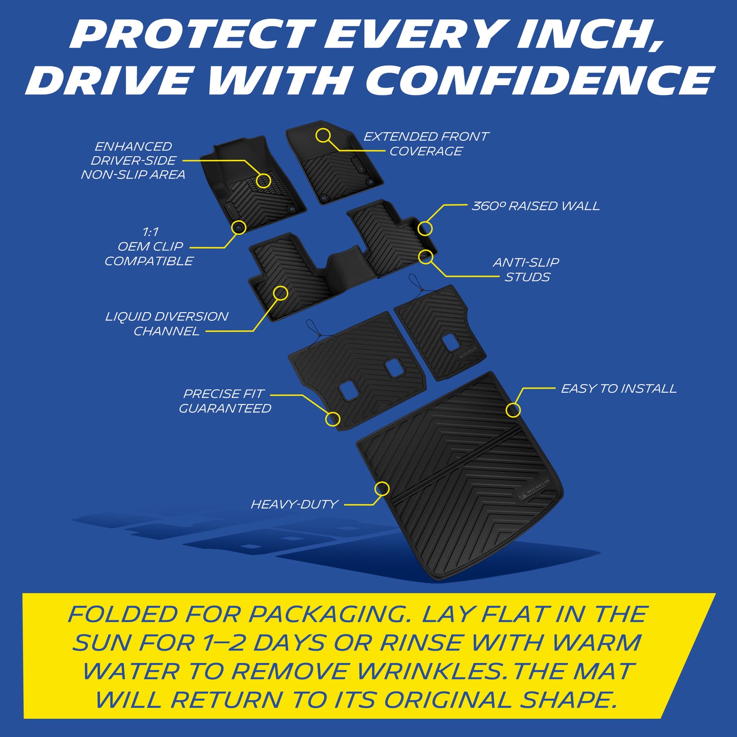 Michelin floor mat features: anti-slip, raised walls, OEM clips, liquid channels, heavy-duty, easy install.