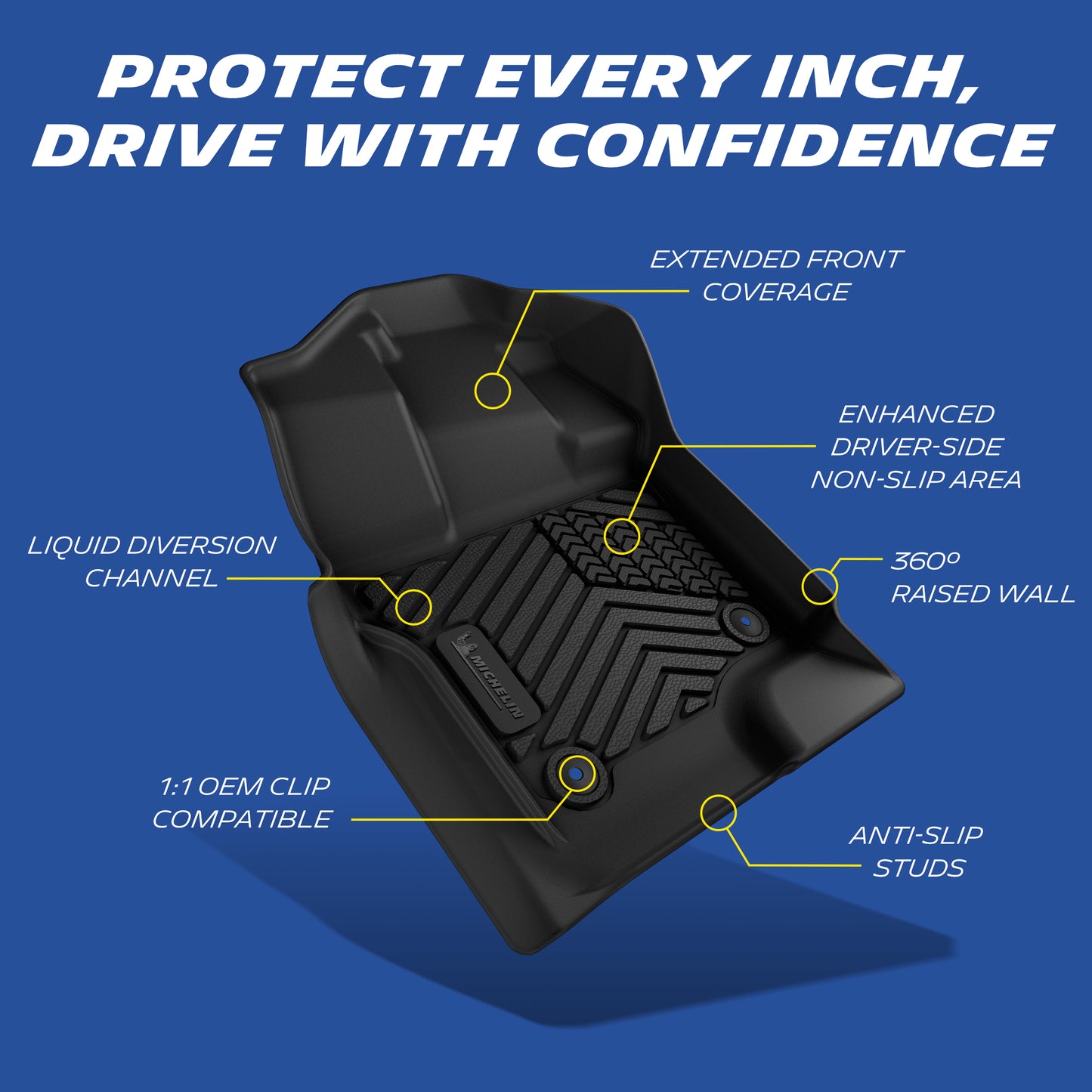 Michelin TPE driver floor mat featuring full coverage, anti-slip zones, drainage channels and OEM mounting points.