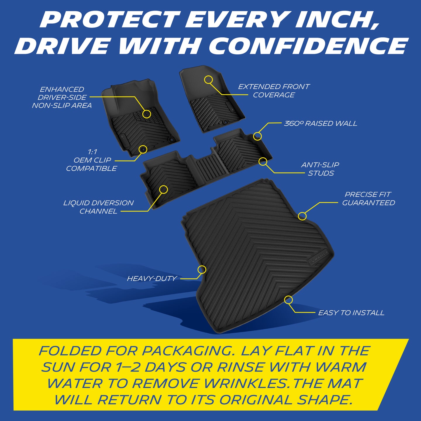 Michelin floor mat features: anti-slip, raised walls, OEM clips, liquid channels, heavy-duty, easy install.