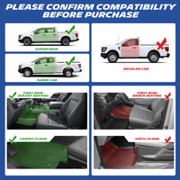 Ford F-150 fitment guide, compatible with SuperCrew/SuperCab, bucket seats & carpet floor only