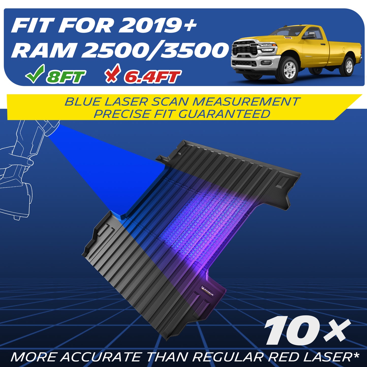 Custom-fit black TPE heavy-duty truck bed mat exclusively designed for 2019-2026 Ram 2500/3500 8 FT (98.3 in) beds. Engineered using advanced blue laser scan measurement technology, offering 10x more accuracy than red lasers. Note: Not compatible with 6.4 FT beds.