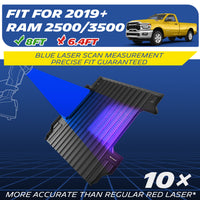 Custom-fit black TPE heavy-duty truck bed mat exclusively designed for 2019-2026 Ram 2500/3500 8 FT (98.3 in) beds. Engineered using advanced blue laser scan measurement technology, offering 10x more accuracy than red lasers. Note: Not compatible with 6.4 FT beds.