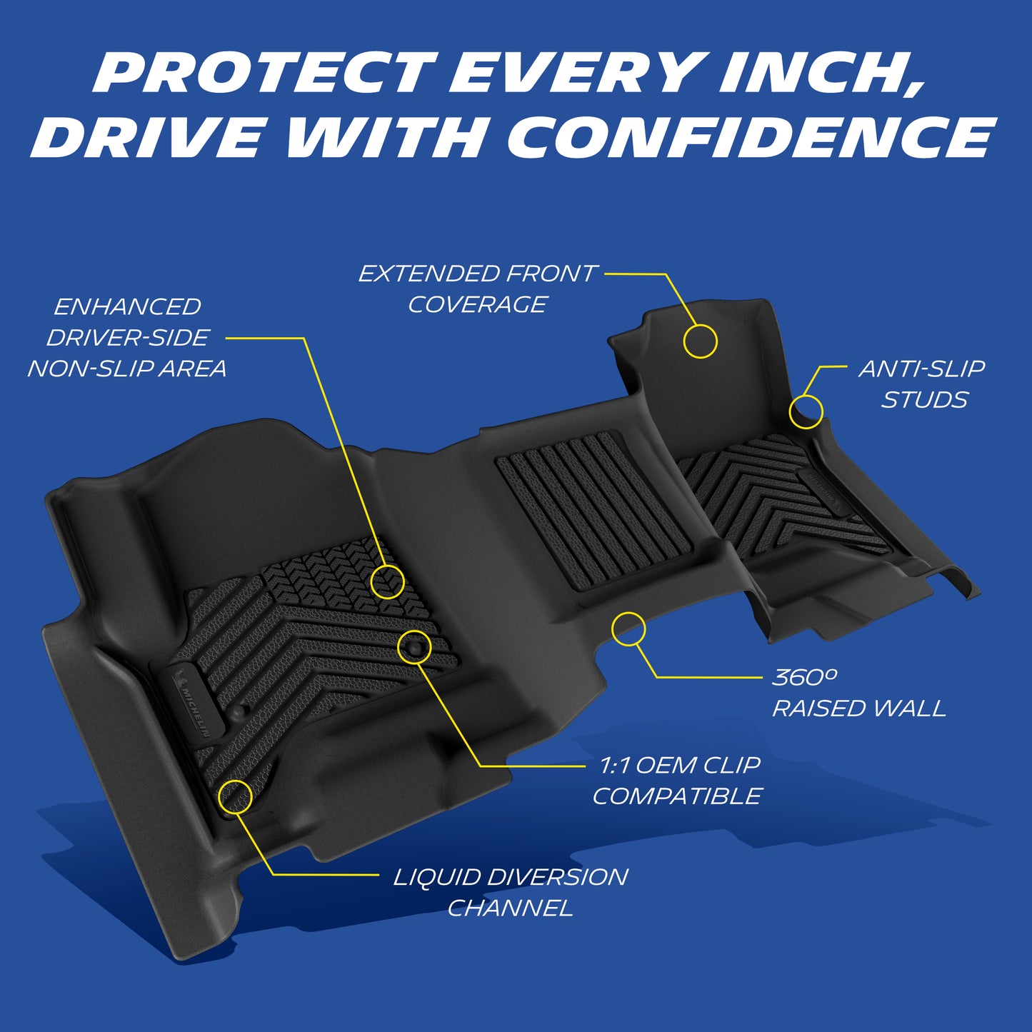 Extended coverage, anti-slip studs, raised wall, OEM clips, drainage channels.
