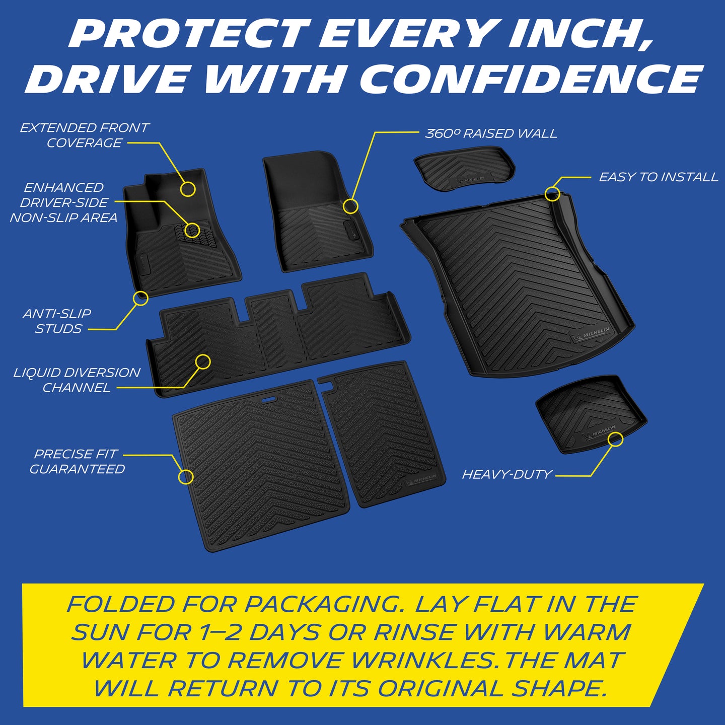 Michelin all-weather TPE floor mats, extended front coverage, 360° raised wall, enhanced driver-side non-slip area, anti-slip studs and liquid diversion channel, heavy-duty with precise fit guaranteed, easy to install. Folded for packaging, lay flat in sun for 1-2 days or rinse with warm water to remove wrinkles, mat will return to original shape.