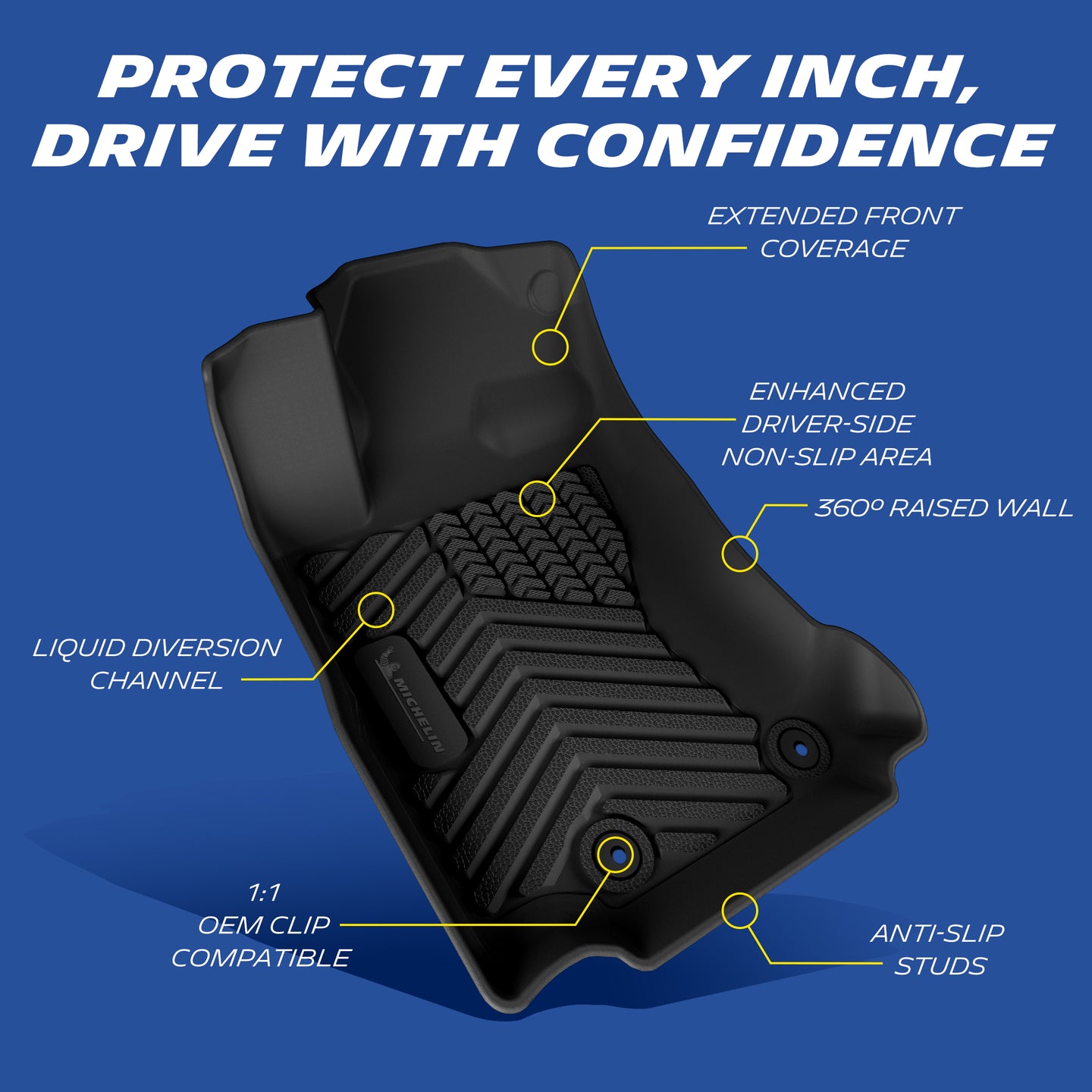 Labeled schematic showing full functional features of Michelin driver floor liner