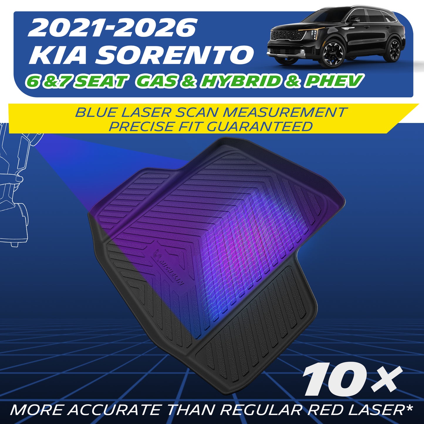 Michelin TPE mat for 2021‑2026 Kia Sorento 6/7‑seat, blue laser scan fit