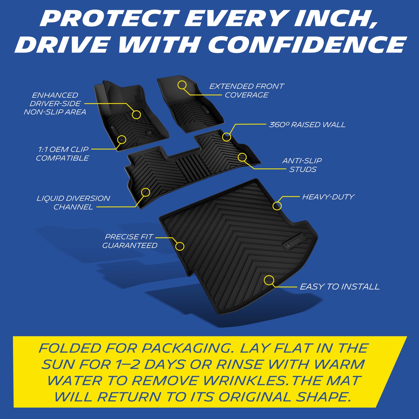 Comprehensive protection diagram of the custom-fit MICHELIN TPE floor and cargo mat set for the Chevrolet Trax. Highlights 360-degree raised walls, liquid diversion channels, and OEM clips. Includes instructions to easily remove folding wrinkles by laying the mats flat in the sun or rinsing with warm water.