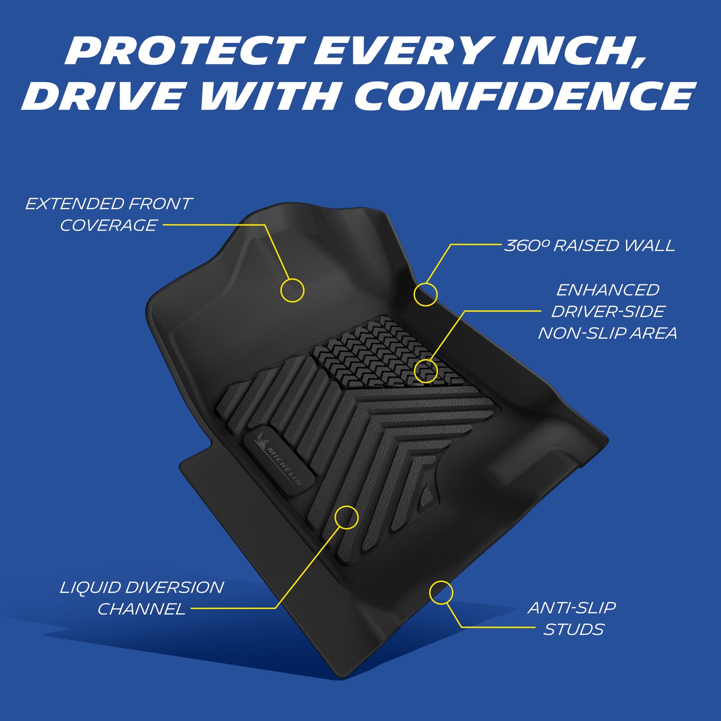 Michelin floor mat features: raised edges, anti-slip, OEM clips, liquid channels.