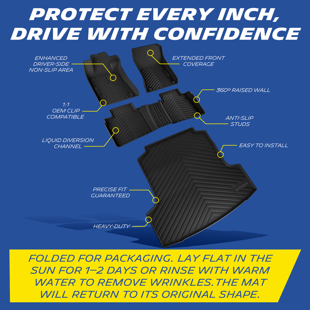 Michelin all-weather TPE floor mats, enhanced driver-side non-slip area, extended front coverage, 360° raised wall, OEM clip compatible, anti-slip studs, liquid diversion channel, easy to install, precise fit guaranteed, heavy-duty. Folded for packaging, lay flat in sun for 1-2 days or rinse with warm water to remove wrinkles, mat will return to original shape.