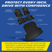 Michelin all-weather TPE floor mats, enhanced driver-side non-slip area, extended front coverage, 360° raised wall, OEM clip compatible, anti-slip studs, liquid diversion channel, easy to install, precise fit guaranteed, heavy-duty. Folded for packaging, lay flat in sun for 1-2 days or rinse with warm water to remove wrinkles, mat will return to original shape.