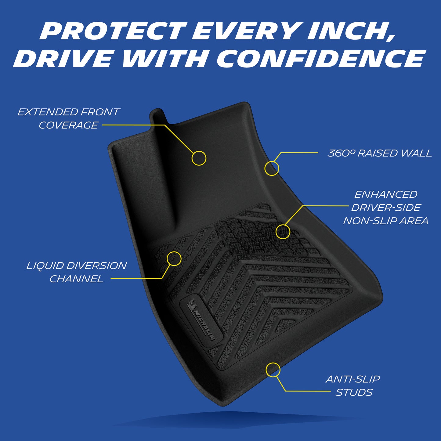Comprehensive protection diagram of the custom-fit MICHELIN driver-side all-weather TPE floor mat for 2017-2023 Tesla Model 3. Highlights feature extended front coverage, 360-degree raised walls for spill containment, liquid diversion channels, an enhanced driver-side non-slip area, and anti-slip bottom studs for maximum driving safety and interior cleanliness.
