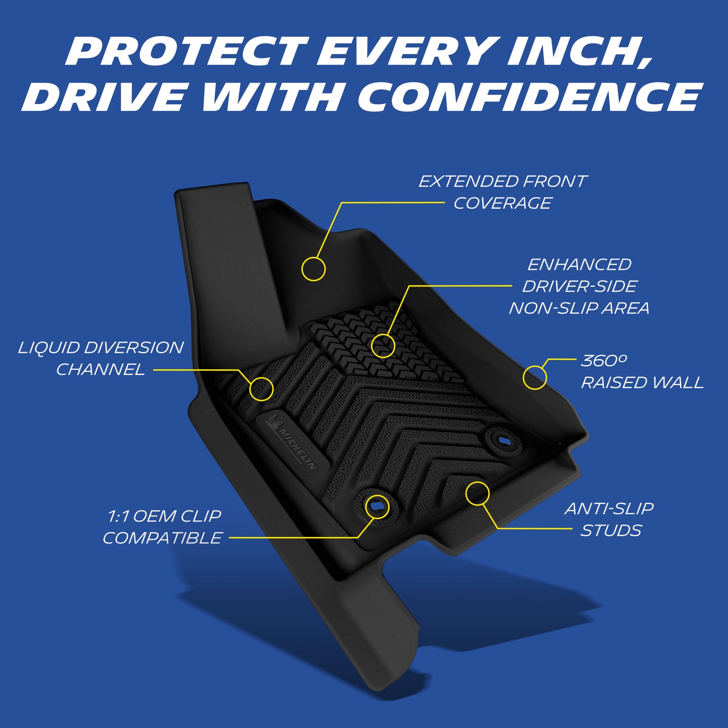 Extended coverage, anti-slip studs, raised wall, OEM clips, drainage channels.